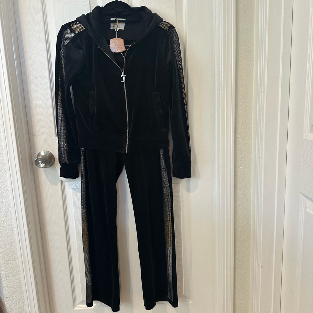 Juicy Couture Black Velour Hoodie with Silver and gold Details XS